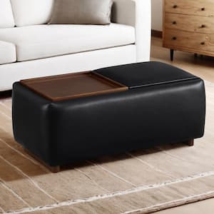 Calista Black Leather Tray Top Storage Ottoman with for Living Room and Bed Room