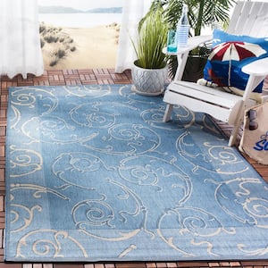 Courtyard Blue/Natural 7 ft. x 10 ft. Border Indoor/Outdoor Patio  Area Rug