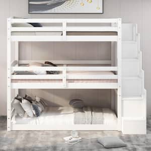 White Twin Size Triple Bunk Beds with Storage Staircase, Detachable Wood Bunk Bed Frame, Twin Size Kids Bunk Bed