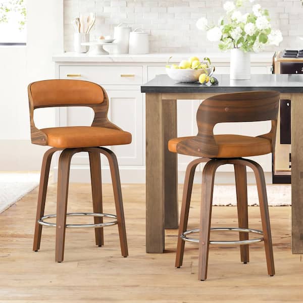 Edwards 26 in.Whiskey Brown Faux Leather Swivel Bar Stool with Solid Walnut Wood Frame Bentwood Counter Stool 2-pack