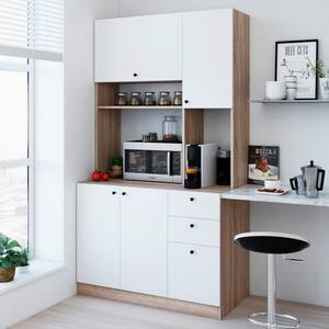 Scandi 71 in. Beige Tall Pantry Kitchen Storage Cabinet Buffet with Hutch for Microwave with Drawers