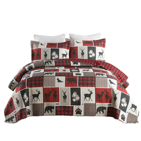 MarCielo B195 Red Cabin Lodge Rustic Country Bear Queen Size Polyester Quilt Bedspread Set