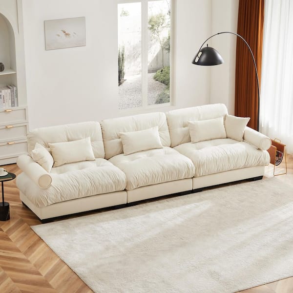 BREAD 130 in. Rolled Arm Velvet 3-Seater Rectangle Cloud Look Sofa with Bolster Armrests and Deep Seats in Ivory White