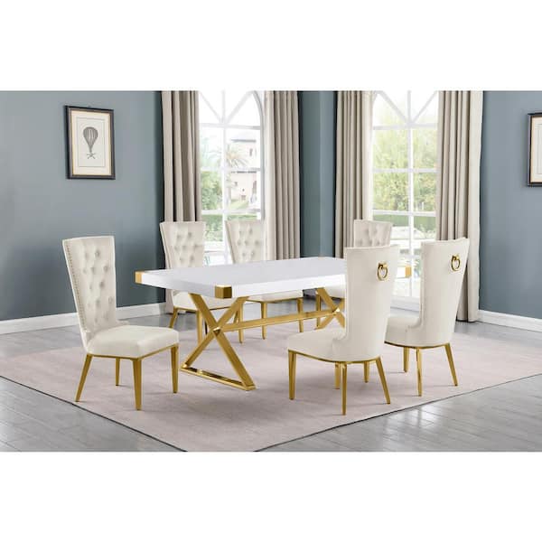 Best Quality Furniture Miguel 7-Piece Rectangle White Wood Top Gold Stainless Steel Dining Set with 6 Cream Velvet Chairs