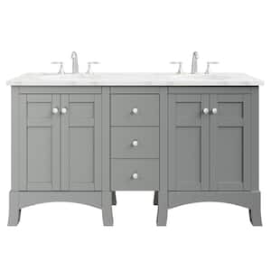New Jersey 60 in. W x 22 in. D x 34 in. H Freestanding Double Sinks Bath Vanity in Gray with White Carrara Marble Top