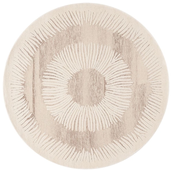 Ebony 6 ft. x 6 ft. Round Ivory/Brown Radiating Border Area Rug