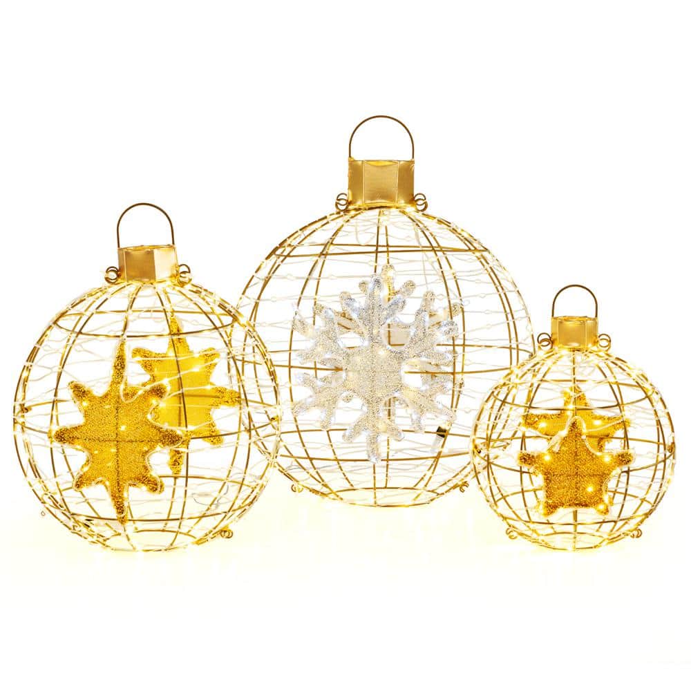 Gold Pre-Lit Christmas Lantern Balls with LED Lights, Set of 3
