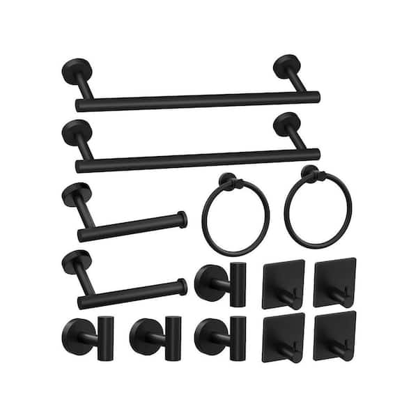 14-Piece Bathroom Accessories Set with Towel Bar, Toilet Paper Holder, Towel Ring, Hooks in Matte Black Finish