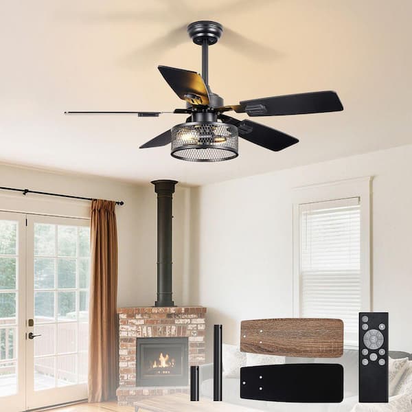 42 in. Walnut Black Dual Finish Downrod Mount Standard Ceiling Fan with Light Cage Fan Farmhouse Include APP Remote