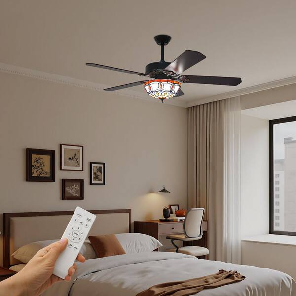 OUKANING 52 in. Black and Brown Downrod Mount Tiffany Style 3