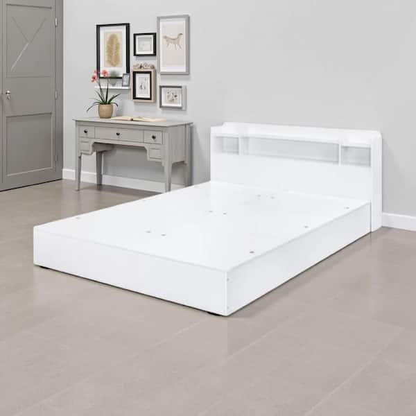 Benjara White Wood Frame Queen Size Panel Bed with Storage