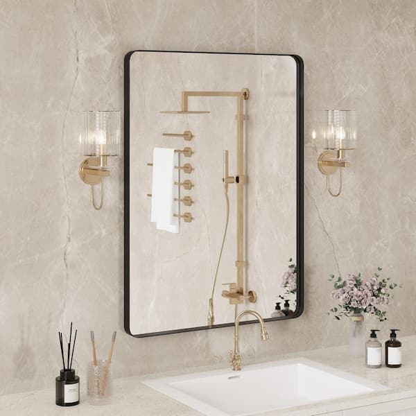 22 in. W x 30 in. H Rectangular Premium Aluminum Framed Rectangular Bathroom Vanity Wall Mirror in Matte Black