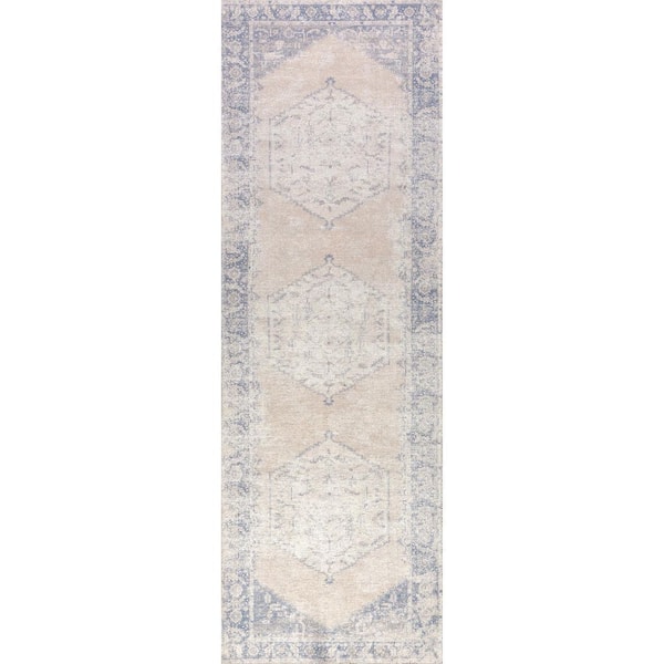 nuLOOM Sol Medallion Machine Washable Light Grey 3 ft. x 8 ft. Traditional Runner Rug