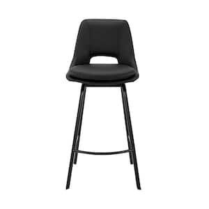30 in. Elegant Black Faux Leather and Black Metal Armless Swivel Bar Stool