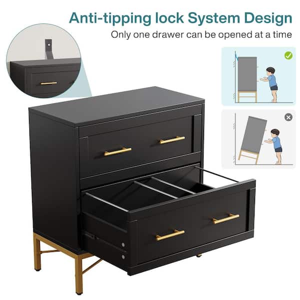 BYBLIGHT Atencio 2 Drawer Black Wood 32 in. W Lateral File Cabinet Modern Gold Lateral Filing Cabinet for Letter Legal A4 Size BB J0243XF