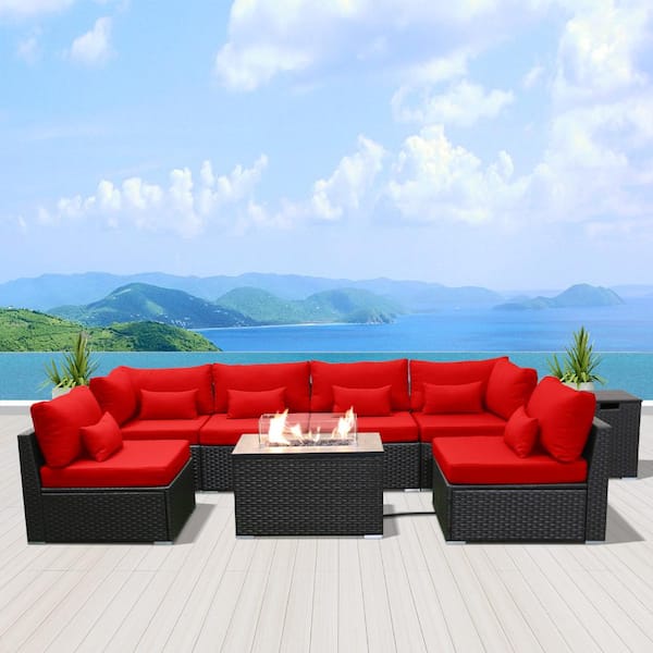 eVita 7-Piece Wicker Patio Conversation Set with Gas Fire Pit Table and Red Cushions
