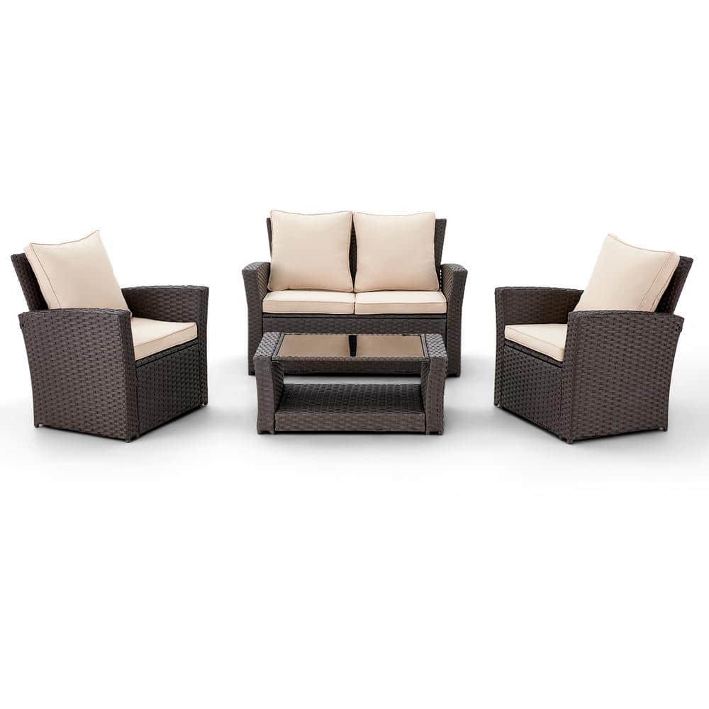 4-Piece Wicker Patio Conversation Set with Beige Cushions