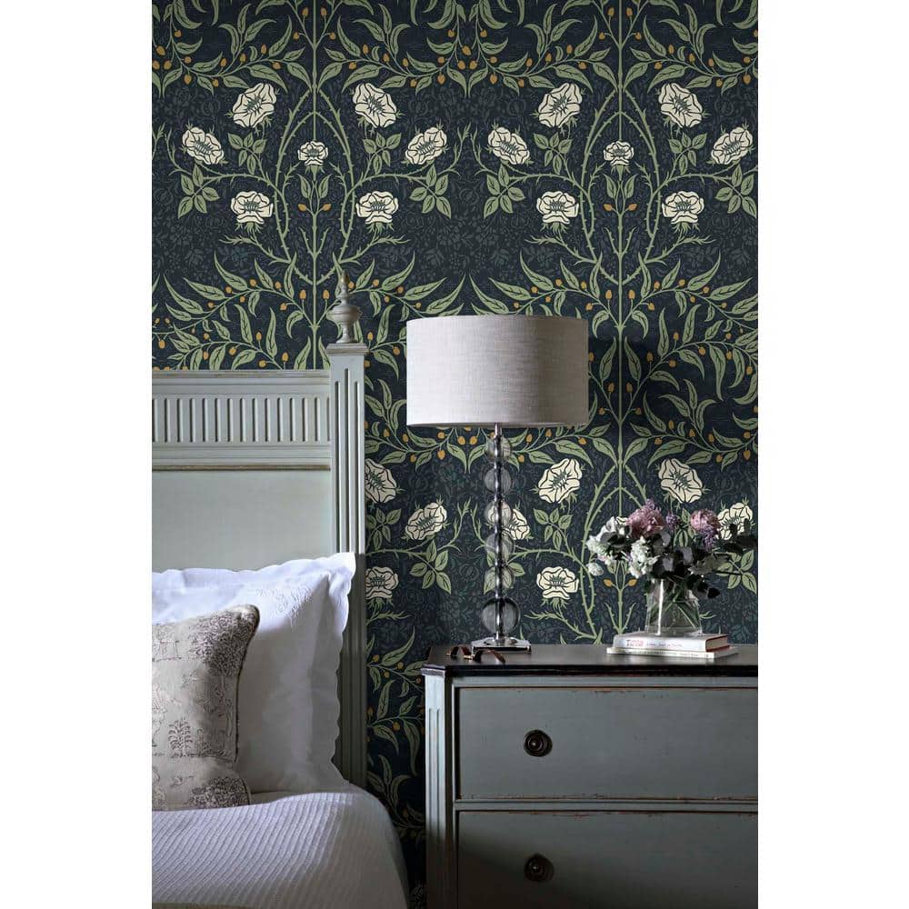 Navy and Sage Floral Peel and Stick Vinyl Wallpaper