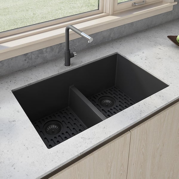 Ruvati 33 in. x 19 in. Double Bowl Undermount Granite Composite Kitchen Sink in Midnight Black