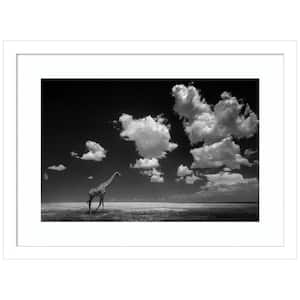 "Giraffe Goneith the Clouds" 1-Piece Framed Black and White Animal Photography Wall Art 13 in. x 17 in.