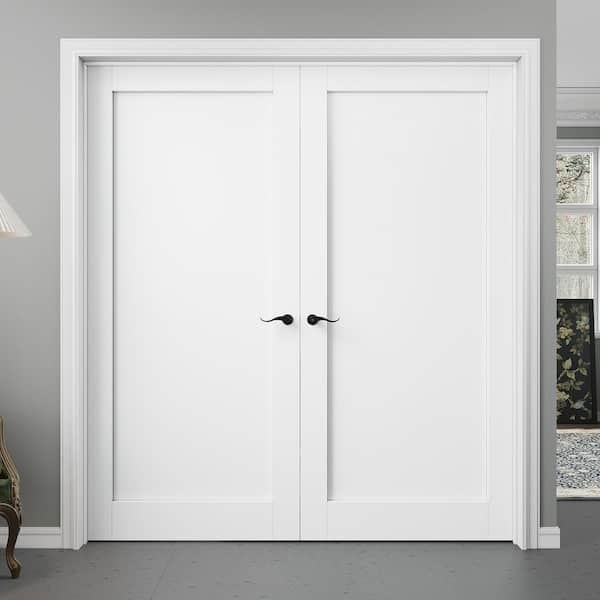 72 in. x 80in. No Lite Frosted Glass White Solid Core Wood Universal Double Prehung French Door Plus Quick Assemble Jamb