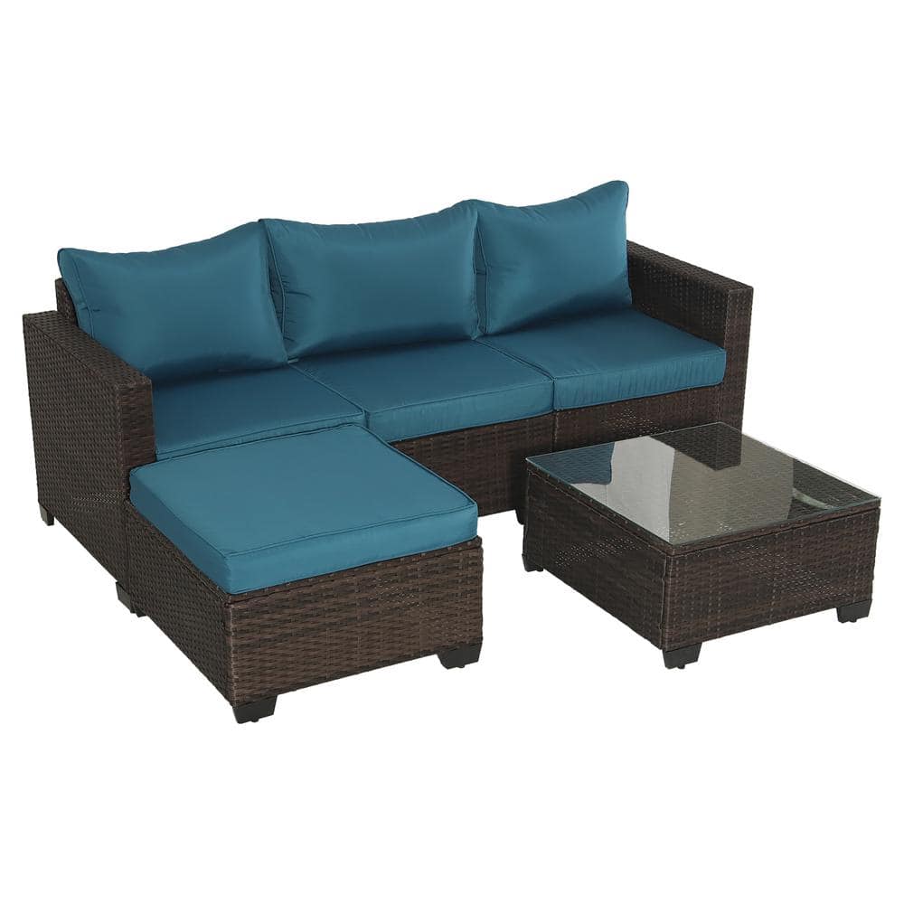 5 -Piece Brown Wicker Outdoor Sectional Sofa Set with Peacock Blue Cushion