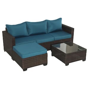 5 -Piece Brown Wicker Outdoor Sectional Sofa Set with Peacock Blue Cushion
