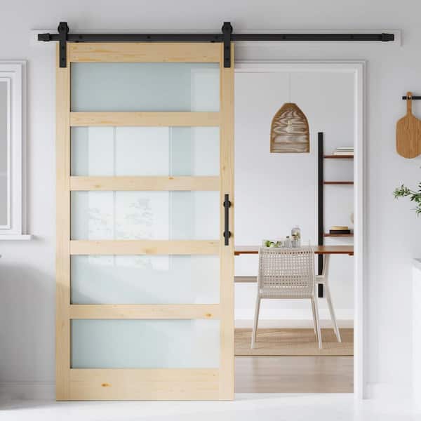 42 in. x 84 in. 5-Lite Tempered Frosted Glass Solid Core Spruce Wood Sliding Barn Door with Hardware Kit