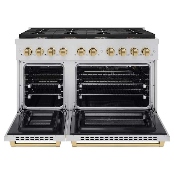 Autograph Edition 48 in. 8 Burner Freestanding Gas Range & Double Convection Oven in Stainless Steel & Champagne Bronze