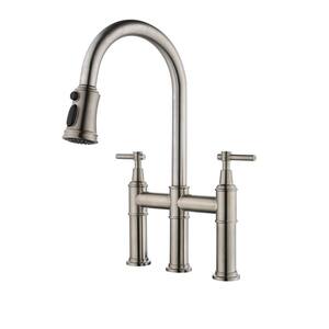Hot and Cold Double Handle Brass Bridge Kitchen Faucet with Pull-Down Spray Head in Brushed Nickel