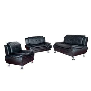 3-Piece Black Leather Sofa Set