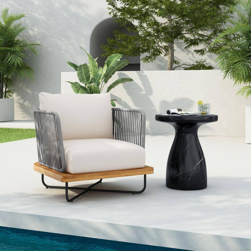 Cassants Upholstered Outdoor Patio Club Lounge Chair with Iron Base, Acacia Wood, Beige