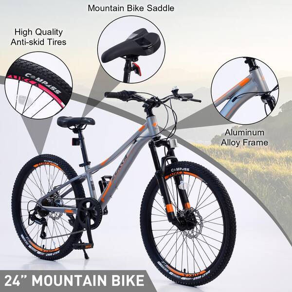 24 in. 7-Speed Girls and Boys Aluminum Alloy Mountain Bike in Gray 