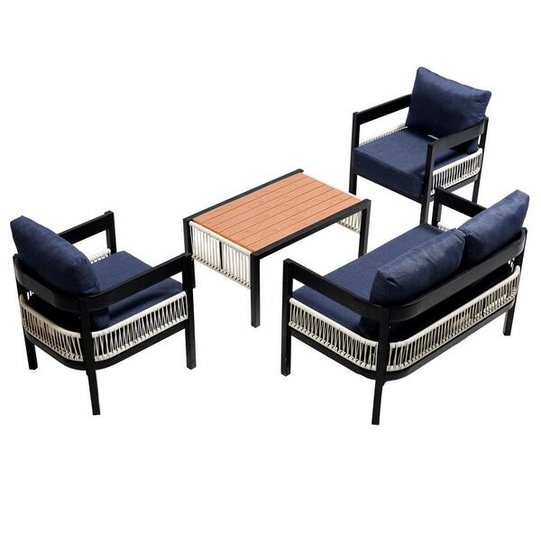 Blue 4-Piece Outdoor Iron Sofa Set with a Table, Rattan Decoration, Waterproof, Rust-Proof, Suitable for Garden