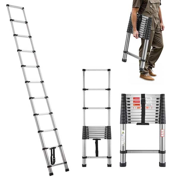 10.5 ft. Telescoping Ladder, Stainless Steel Extension Ladder, 375 lbs. Capacity, Non-Slip, Portable for Home/RV