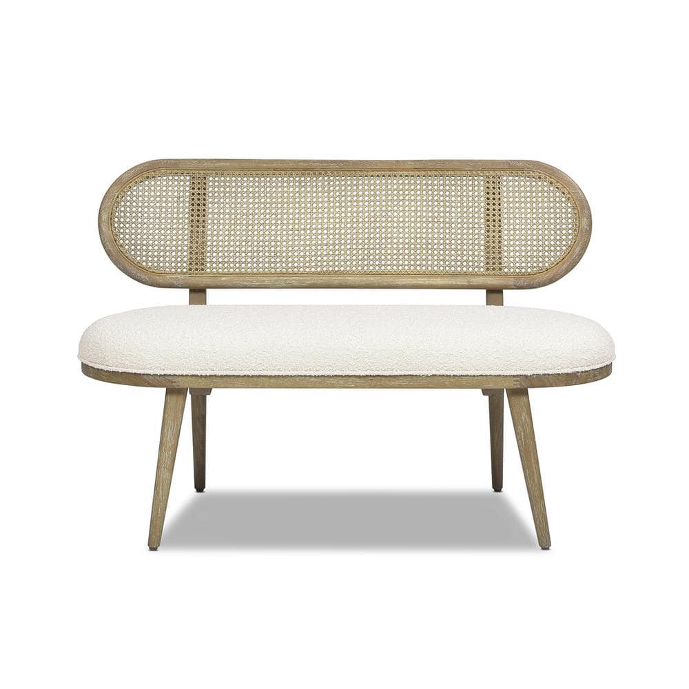 Havana 50" Cane Rattan Upholstered Bench with Ivory Boucle