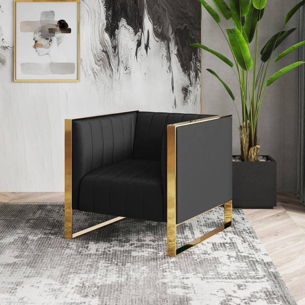 Black Velvet and Rose Gold Metal Accent Chair