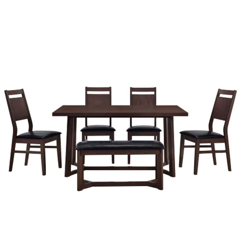 Dark Brown 6-Piece Wood Trestle Leg Table Upholstered Chairs and Bench Outdoor Dining Set with Black Leather Cushion