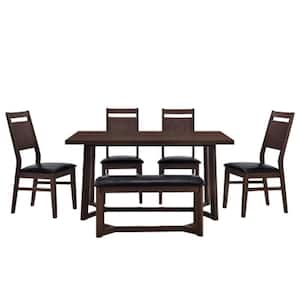 Dark Brown 6-Piece Wood Trestle Leg Table Upholstered Chairs and Bench Outdoor Dining Set with Black Leather Cushion