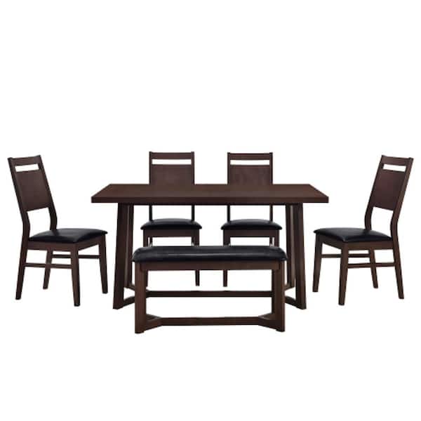 Unbranded Dark Brown 6-Piece Wood Trestle Leg Table Upholstered Chairs and Bench Outdoor Dining Set with Black Leather Cushion
