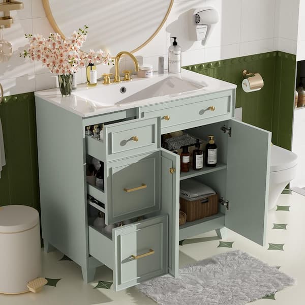 36 in. Single-Sink Free-Standing Green Bath Vanity with White Ceramic Top and Soft Close Doors, Adjustable Shelves