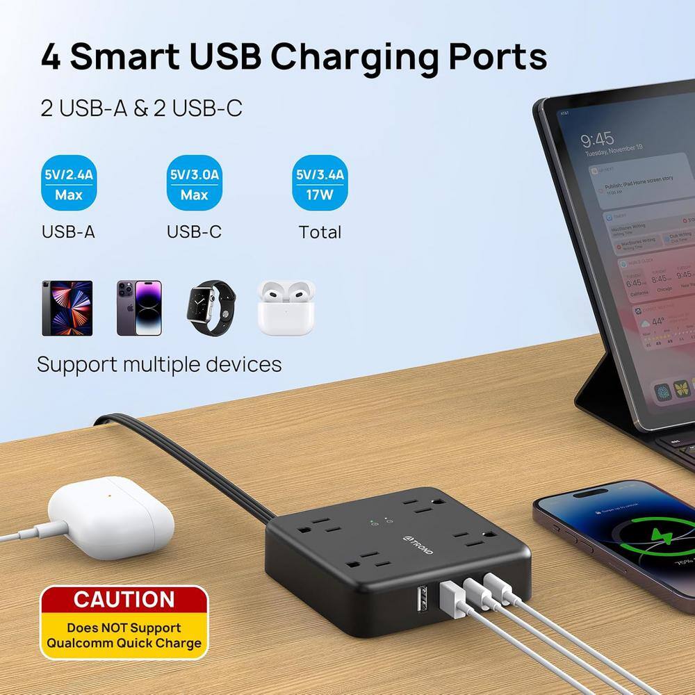 Black 4-Outlet Power Strip with USB-A and USB-C Ports