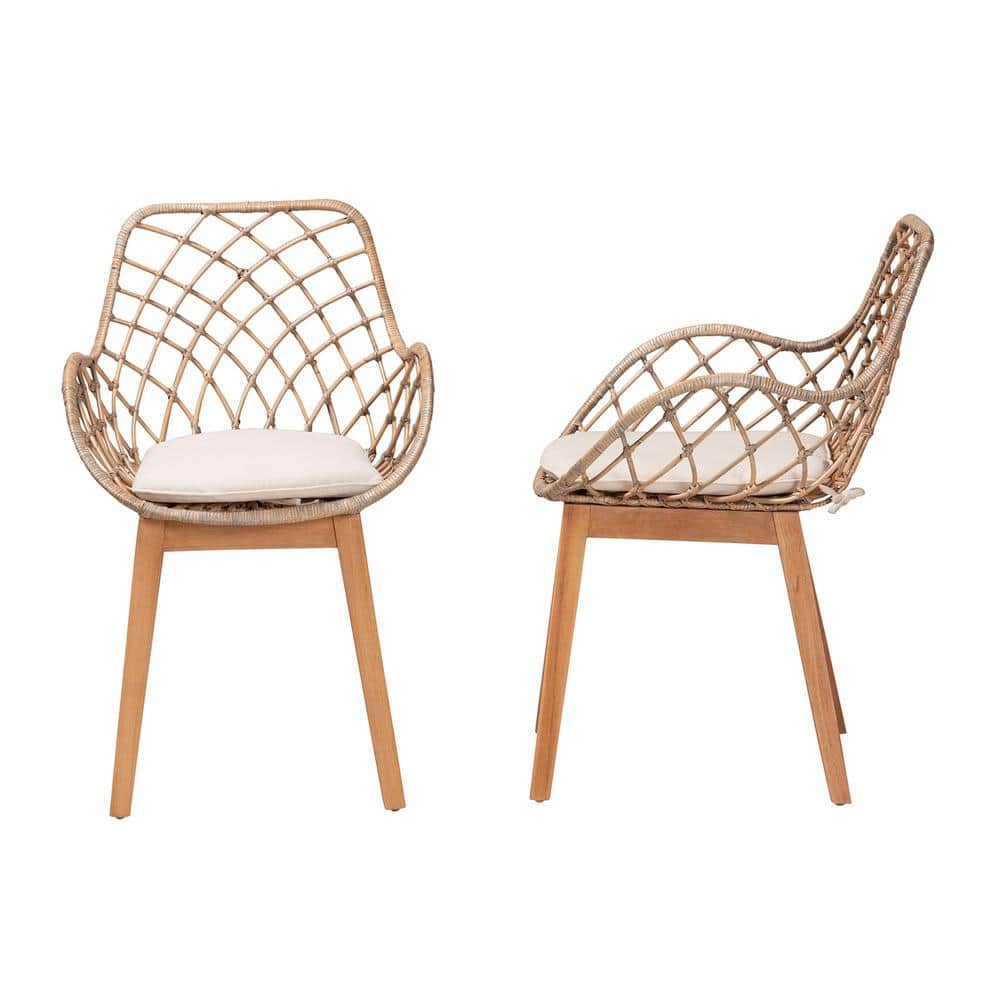 Bohemian Greywashed Rattan and Natural Brown Dining Chair Set with Cushions