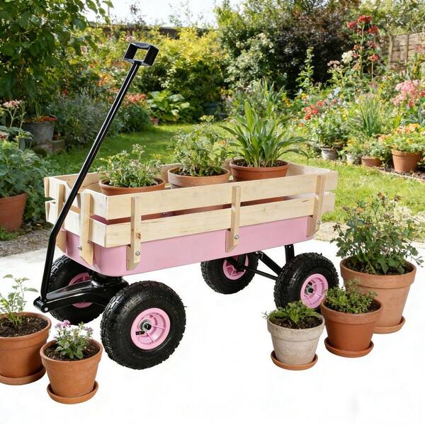 AUTMOON 3 cu. ft. Steel Wagon Garden Cart 176 lbs. Load with Wood