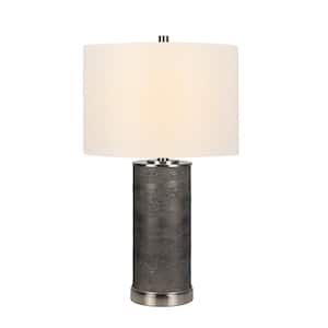 25.5 in. Grey Faux Stone Mounted Cylinder Table Lamp with Brushed Steel and Decorator Shade