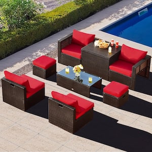8-Piece Patio Rattan PE Wicker Conversation Set All-Weather Furniture Set with Cushions Red