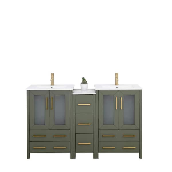 Vanity Art 60 in. W x 18.1 in. D x 35.8 in. H Double Basin Vintage Green Bath Vanity with White Ceramic Top and Mirror