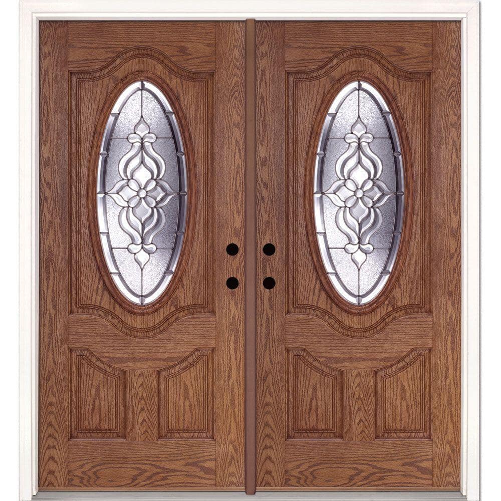 74 in. x 81.625 in. Lakewood Zinc 3/4 Oval Lite Stained Medium Oak Right-Ha