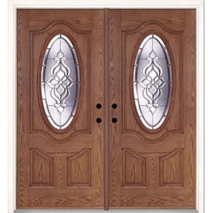 74 in. x 81.625 in. Lakewood Zinc 3/4 Oval Lite Stained Medium Oak Right-Hand Fiberglass Double Prehung Front Door