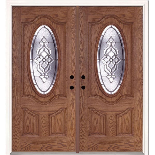 Feather River Doors 74 in. x 81.625 in. Lakewood Zinc 3/4 Oval Lite Stained Medium Oak Right-Hand Fiberglass Double Prehung Front Door